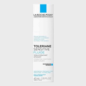 A white box displays moisturizing cream packaging details, highlighting a 40 ml fragrance-free product designed for sensitive skin, including babies, from La Roche-Posay.