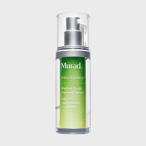A clear bottle with a pump contains Murad Retinol Youth Renewal Serum, displayed against a simple, light-gray background.
