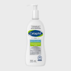 Bottle features pump dispenser containing Cetaphil Pro Restoraderm moisturizer, designed for eczema relief; positioned against a plain grey background. Capacity is 295 mL.