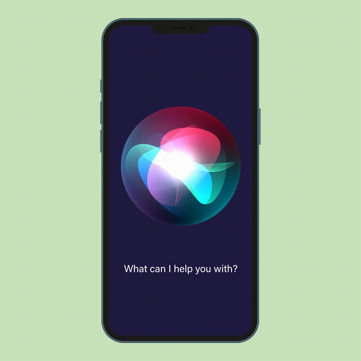 Smartphone displays Siri icon on screen, glowing against a dark background, with the text 
