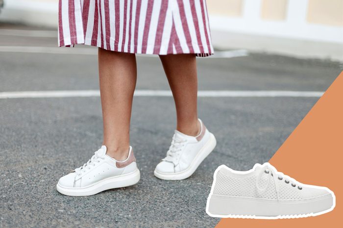 White sneakers being worn, walking on gray pavement; person wearing a red-and-white striped skirt. Adjacent image shows a close-up of similar sneaker.