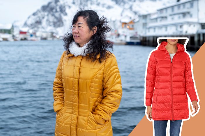 A person in a yellow coat stands by a snowy waterfront, with a red coat overlayed beside them in a comparison.