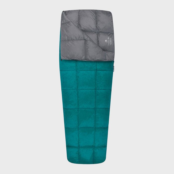 Sleeping bag lies open, displaying teal and gray quilted sections, on a white background.