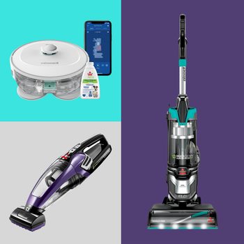 Three vacuum cleaners displayed: a robot vacuum beside a smartphone and cleaner, a handheld vacuum angled left, an upright vacuum standing on a purple background.