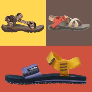 Sandals displayed against colorful backgrounds; one with camouflage straps, another with striped straps, and the third with vibrant yellow and purple straps.