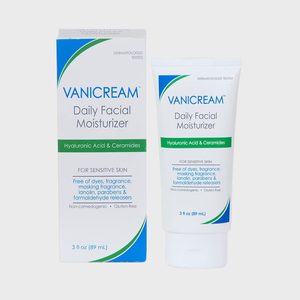 Tube and box display Vanicream Daily Facial Moisturizer; emphasizes ingredients for sensitive skin, free of dyes, fragrance, and parabens. Packaged simply, white with blue accents.