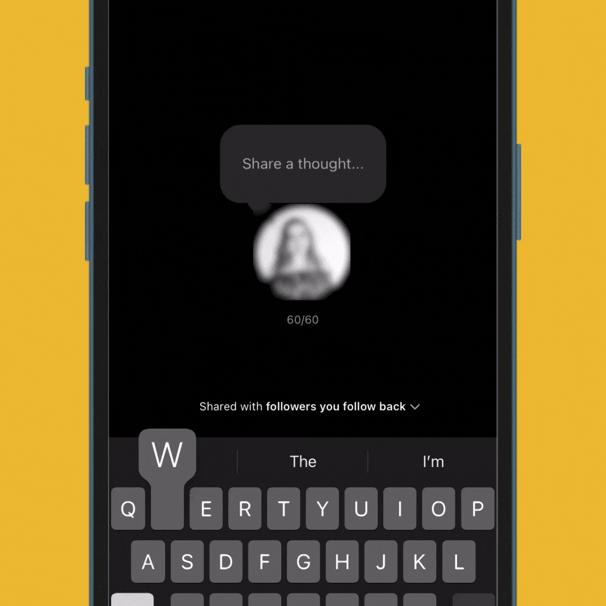A phone screen displays a typing prompt and keyboard against a yellow background, encouraging users to 