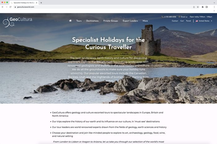 Ruins sit on a grassy hill beside a lake, under a cloudy sky. Text promotes geological and cultural tours by GeoCultura. Contact details are included.