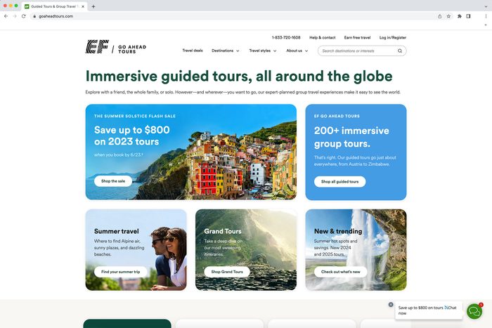 Website showcases guided tours and sales offers with vibrant travel images; includes text: 