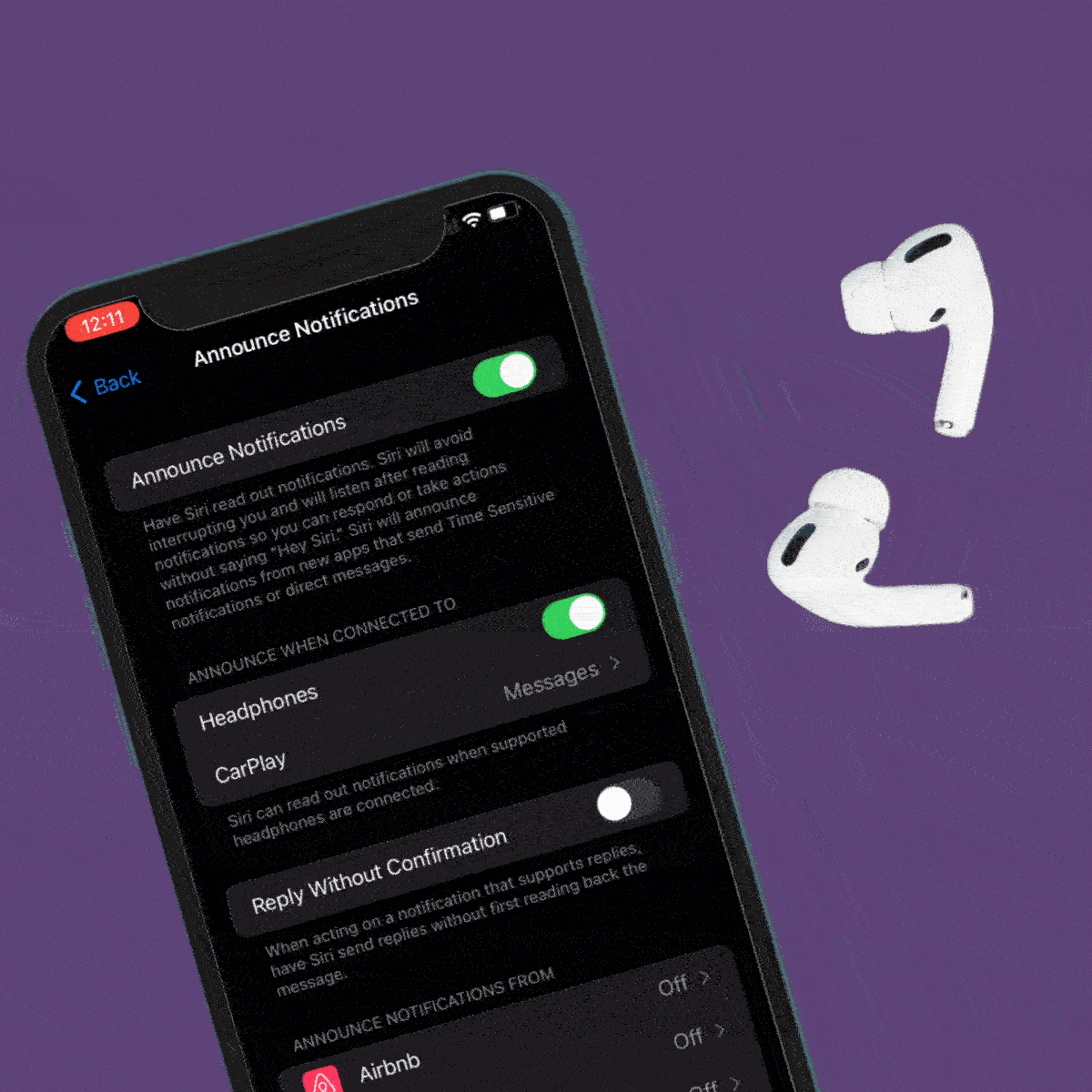 Smartphone shows notification settings on screen; AirPods rest nearby on a purple background.