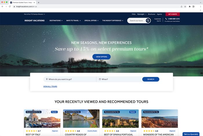 Website banner shows aurora over lake; text offers 15% savings on tours. Search bar and recommended tours are below, including Italy and Spain.