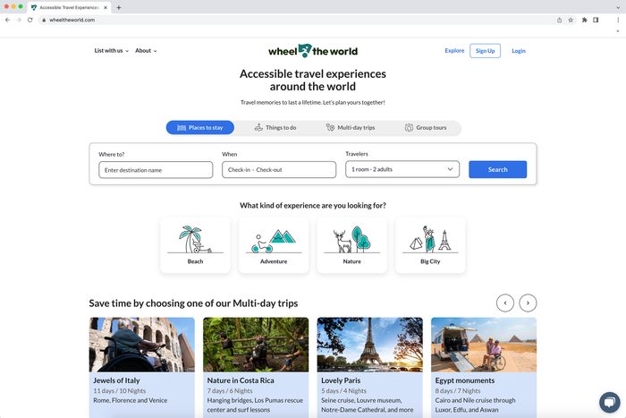 Website interface displays search options for accessible travel experiences, with filters for destination, dates, travelers, and experience types like beach and nature.