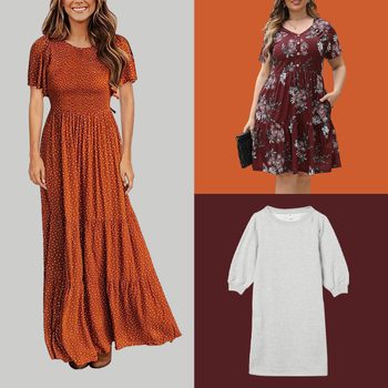 Three dresses displayed: one long orange with polka dots, another short burgundy floral, and a short light gray in a split background.
