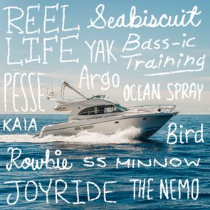Boat cruises on blue ocean under clear sky, surrounded by nautical-themed words like 