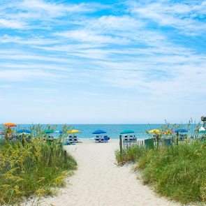 Beach umbrellas stand open on sandy shore, surrounded by grass and wooden fences, with the ocean and blue sky in the background.