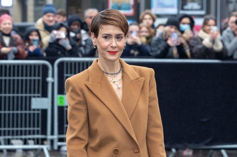 Person walks confidently, wearing a brown coat, amidst a crowd behind barriers taking photographs, creating a lively street scene.