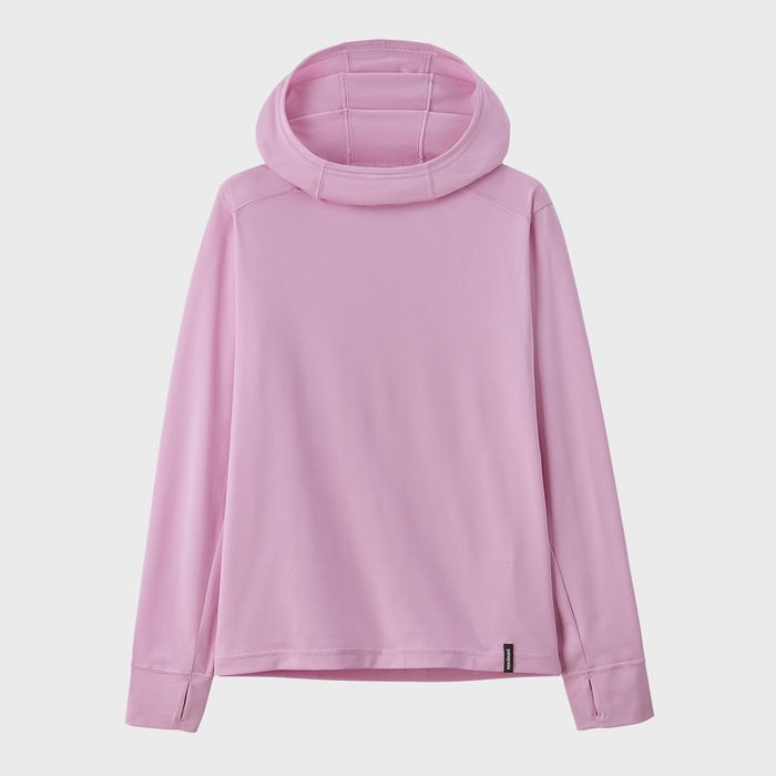 Pink long-sleeved hooded shirt displayed against a plain white background.