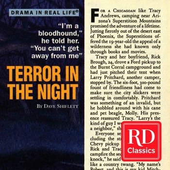 Text: "Terror in the Night" by Dave Shiflett. A story about Tracy Andrews camping in Arizona's Superstition Mountains, encountering a mysterious situation.