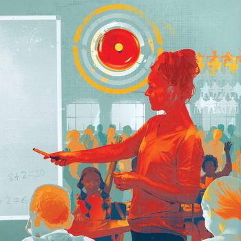 Teacher points at chalkboard, explaining math equations to attentive students in a colorful classroom with a large alarm bell above.
