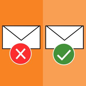 Envelopes display red X and green check over orange background, indicating incorrect and correct actions respectively.