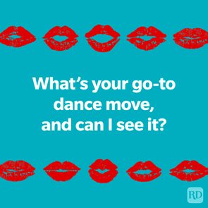 Text asks, â€œWhatâ€™s your go-to dance move, and can I see it?â€ Red lips surround the message on a turquoise background.