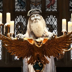 Bearded figure stands behind ornate golden podium with candles, in a room featuring intricate stained glass windows.