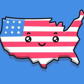 Map of the United States with a cute face, styled like the American flag, set against a plain blue background.
