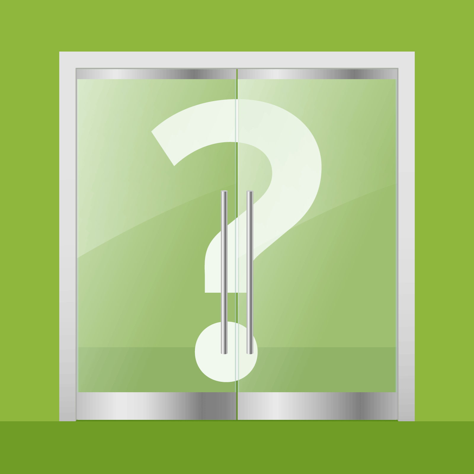 Glass doors display a large white question mark, set against a solid green background. Metal handles are centered vertically.