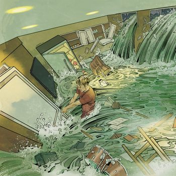 A person grips a door amidst swirling floodwaters in a submerged room, with furniture and debris floating around.