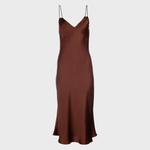 Brown satin slip dress hangs against a plain white background.