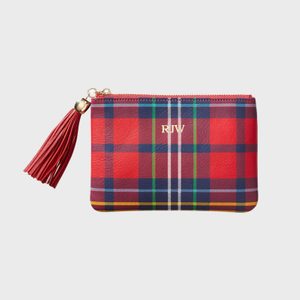 Plaid pouch displays initials 