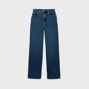 Blue jeans lay flat on a white background, featuring a classic five-pocket design, button closure, and straight leg cut.