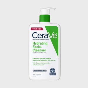 Bottle with pump containing CeraVe Hydrating Facial Cleanser, designed for normal to dry skin, against a plain background. Text highlights moisturizing and cleansing properties.