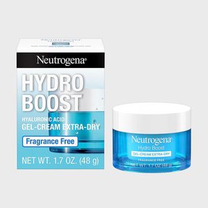 A blue jar with white lid contains Neutrogena Hydro Boost Gel-Cream. It sits beside its matching product box. Text highlights 