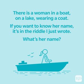 Riddle text describing a woman in a boat, on a lake, wearing a coat. Illustration shows a stick figure woman rowing.