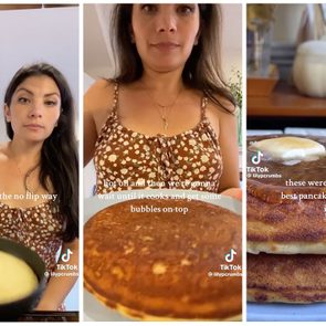 Woman cooks pancakes; she prepares batter and lets it bubble in a pan. The finished pancakes are served with butter. Text describes the process.