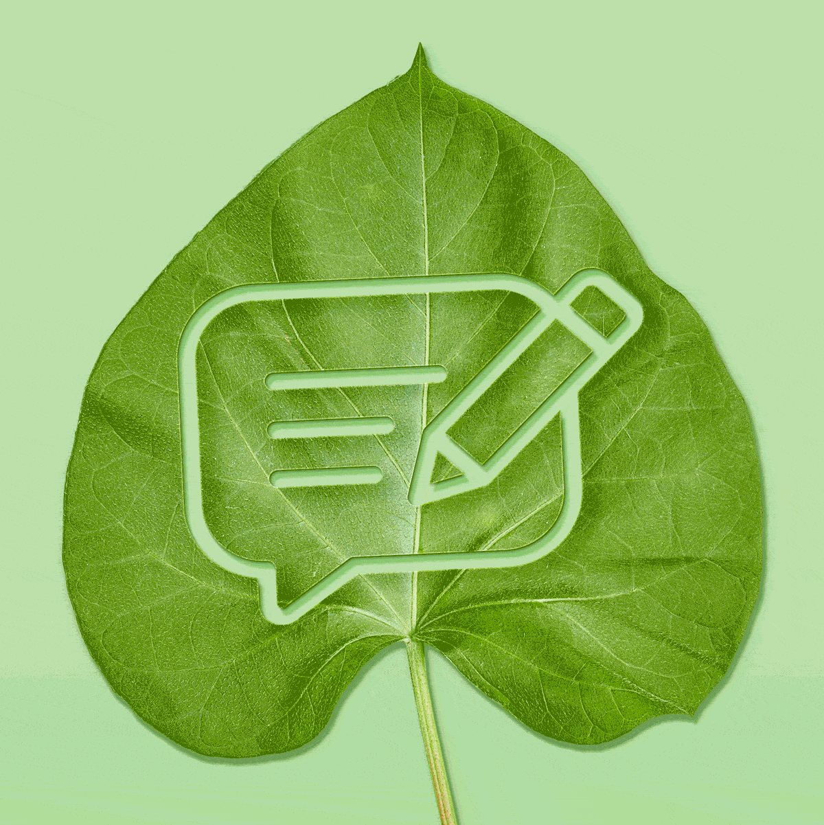A drawn chat bubble and pencil, overlaying a large green leaf, set against a light green background.