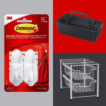Package displays white hooks; text describes damage-free hanging. Black organizer bin with handle is empty. Metallic shelving unit has two slide-out baskets.