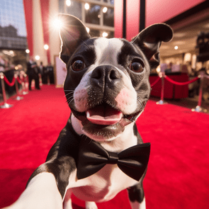 A Boston Terrier wearing a bow tie takes a selfie on a glamorous red carpet with bright lights and people in the background.