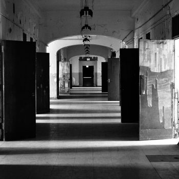 Doors stand partially open in a dimly-lit, peeling corridor, casting long shadows across the floor, suggesting an abandoned, aged building.