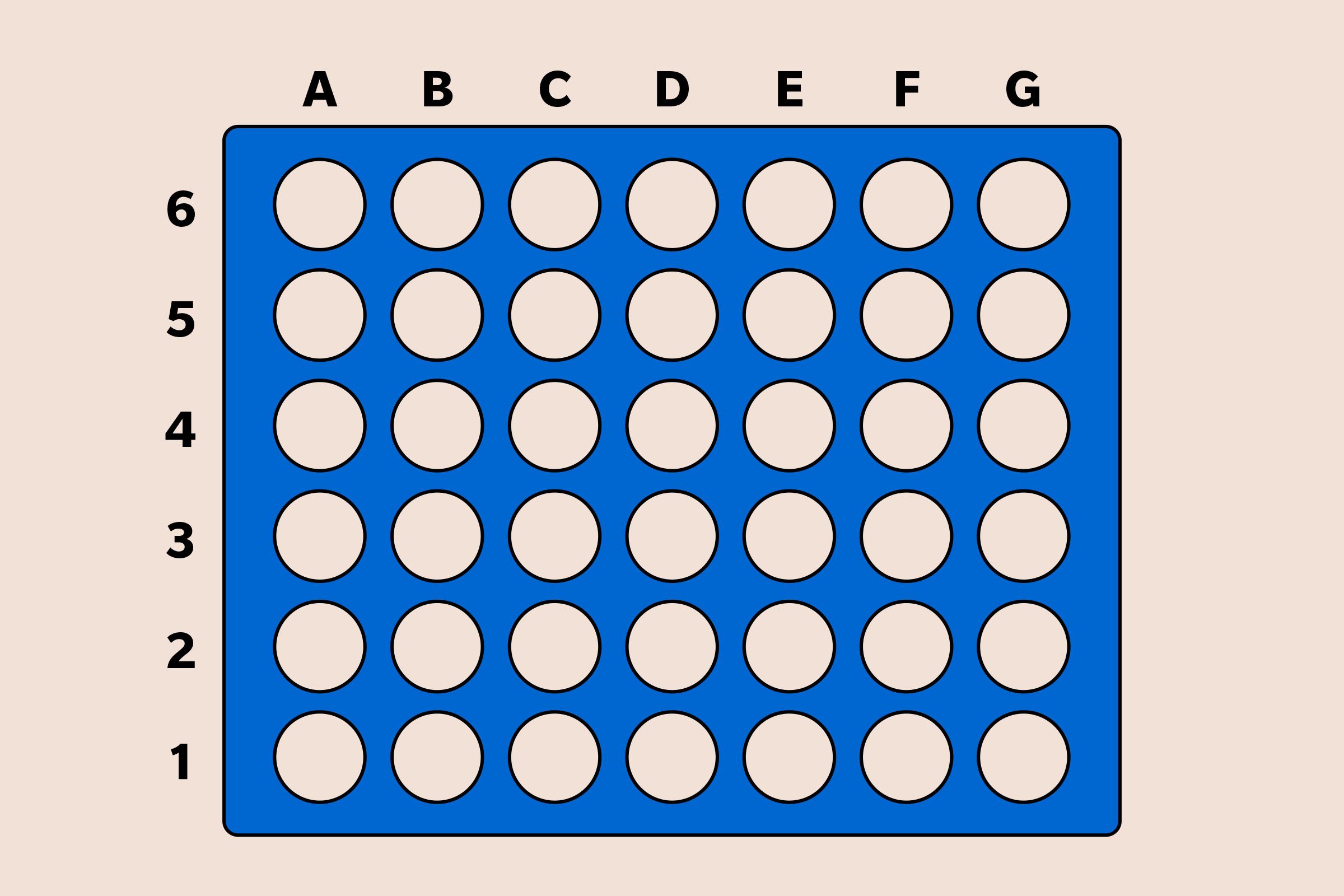 Connect Four game board with columns labeled A-G and rows labeled 1-6