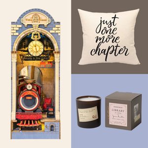 A model train enters a time station; a pillow reads 