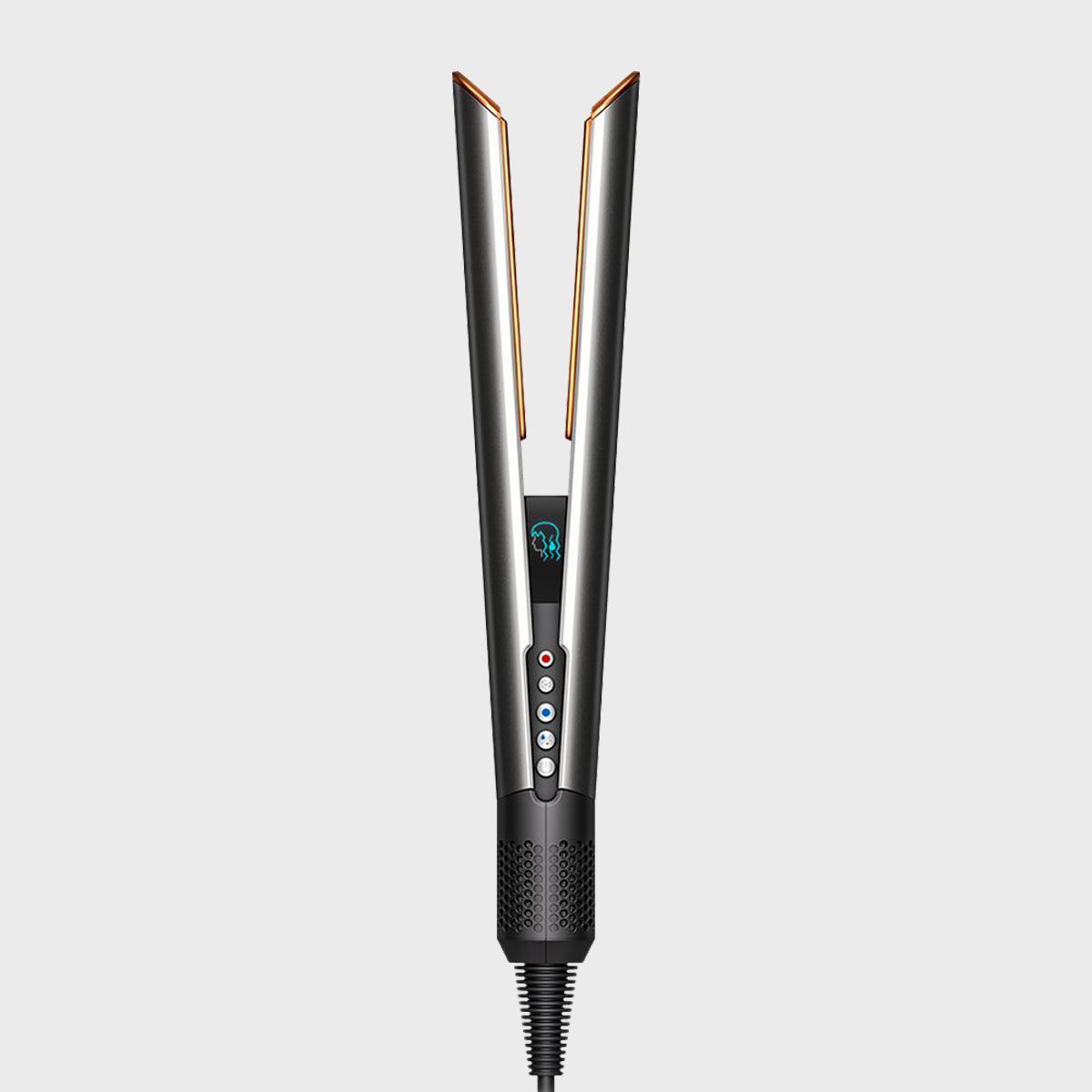 Hair straightener with open plates, featuring buttons and a small display, set against a plain gray background.