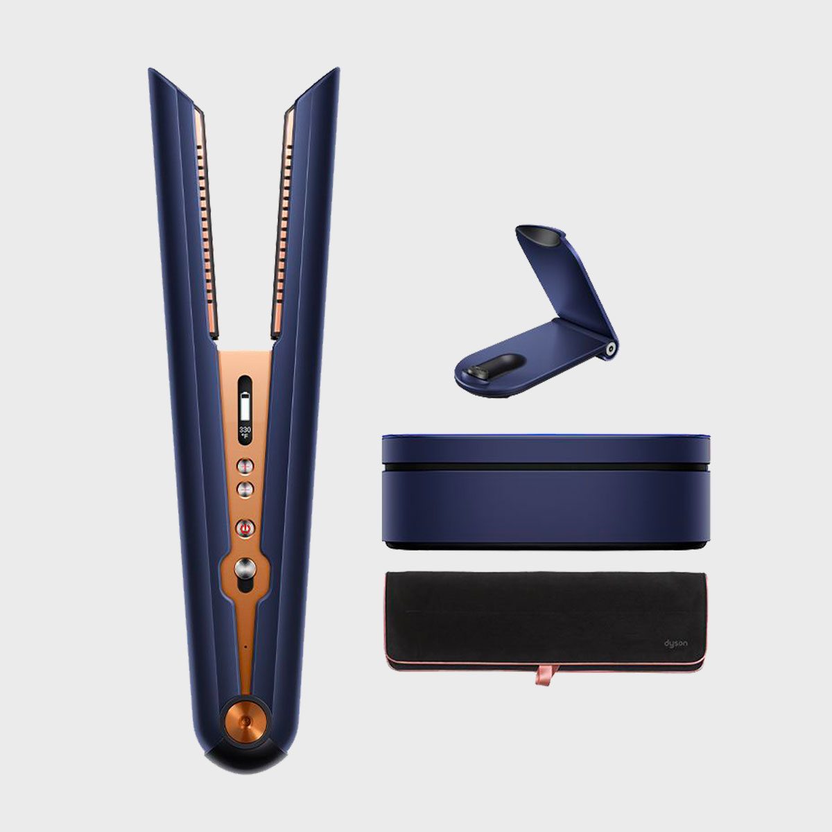 Hair straightener displayed with open charging dock, sleek case, and a black case in a minimalist setting.