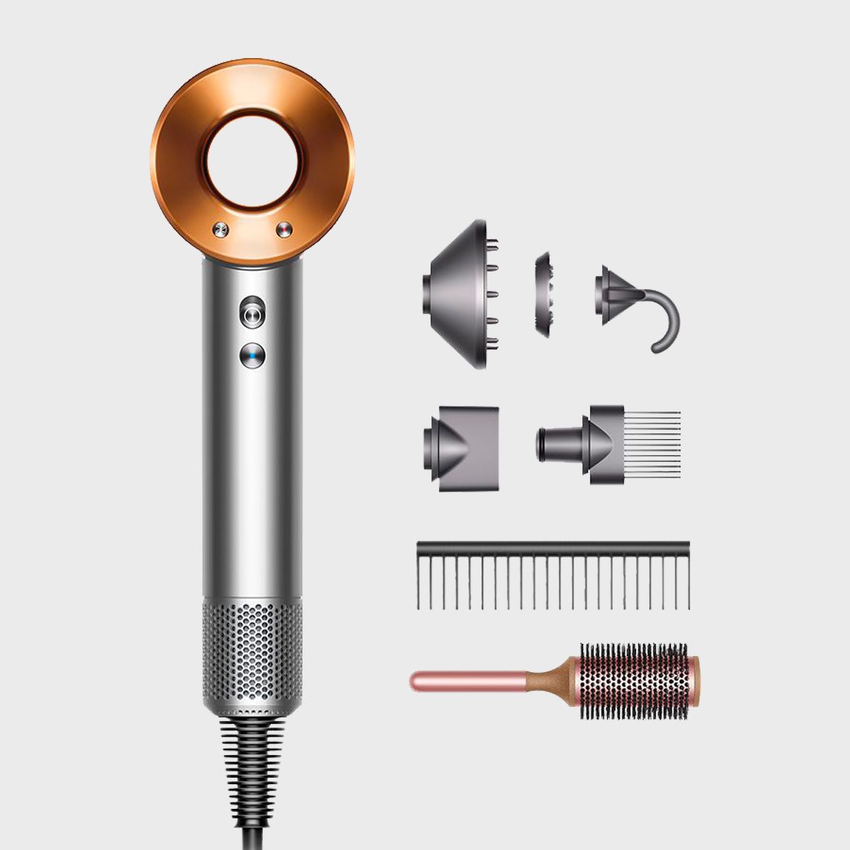 Hairdryer displayed with seven attachments and two combs, positioned on a plain background, showing variety and functionality.
