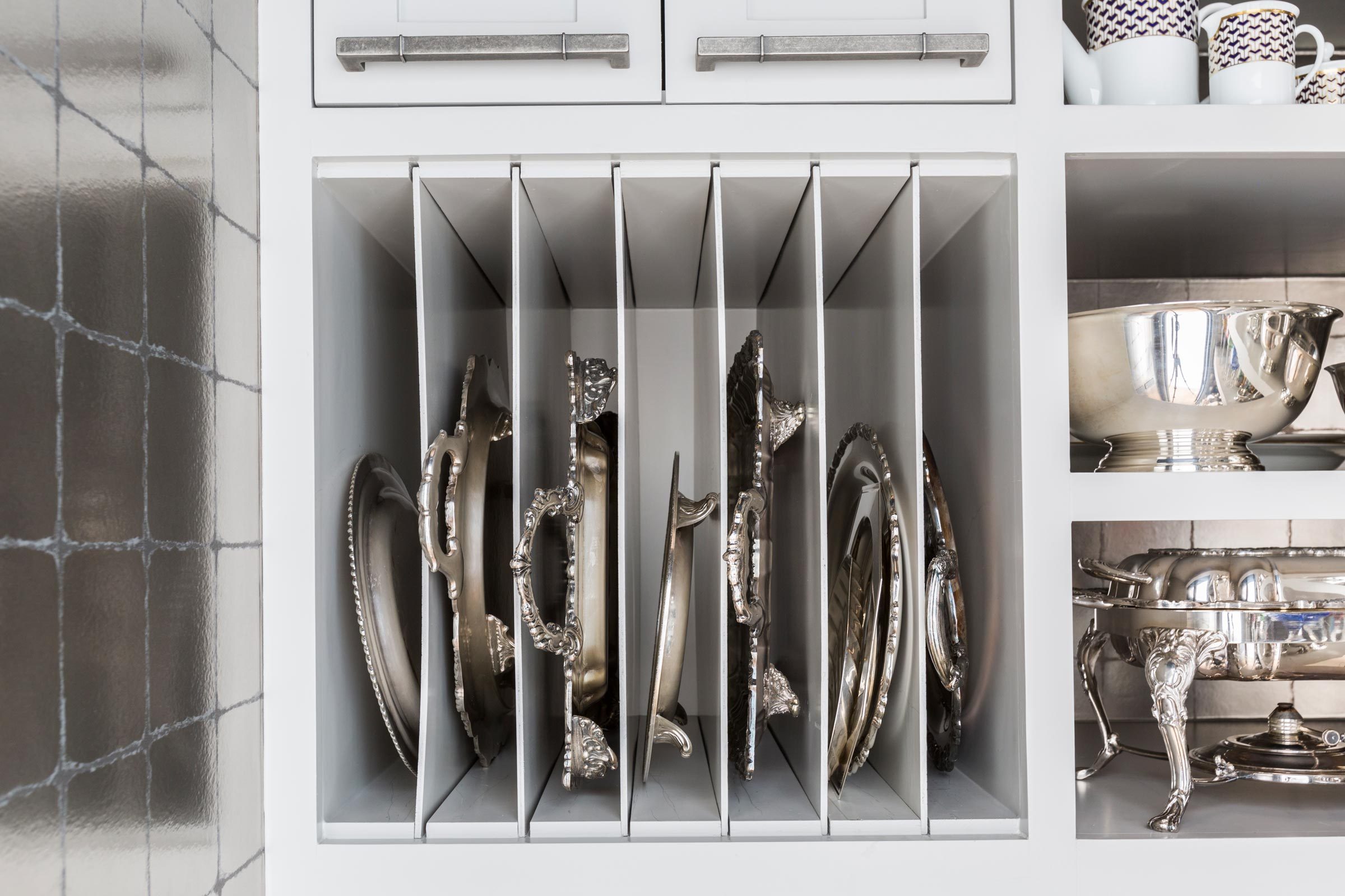 decorative trays in vertical storage