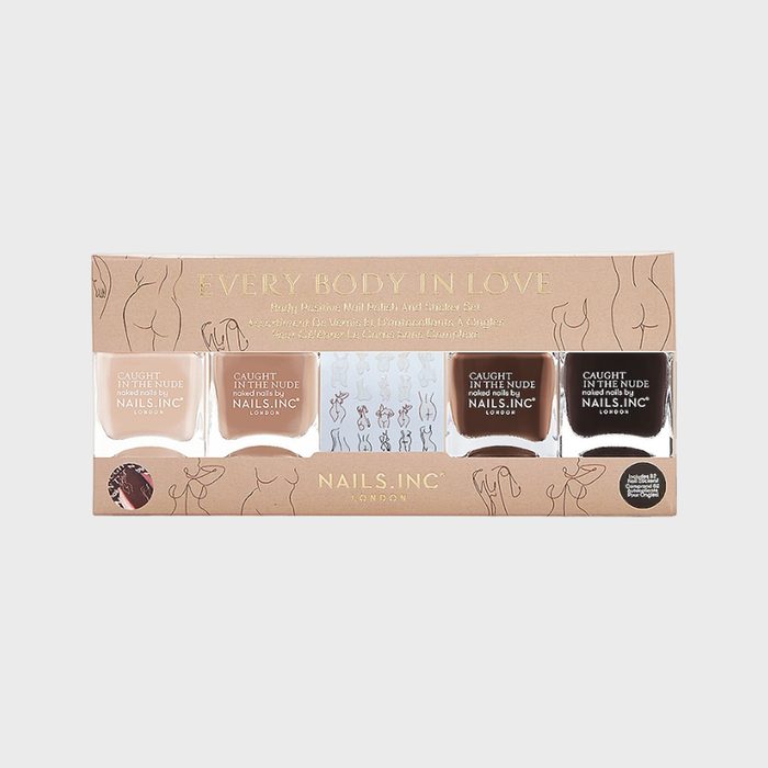 Nail polish set displayed in a package, featuring nude shades. The box has artistic line drawings of bodies in various poses.
