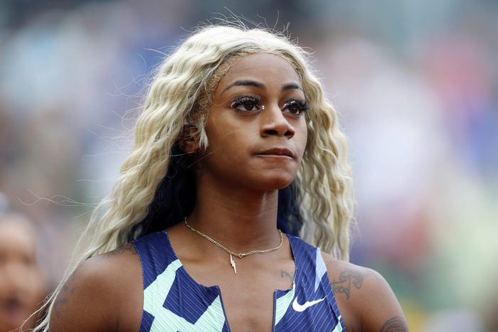 Sha'Carri Richardson reacts after finishing last in the 100m race during the Wanda Diamond League