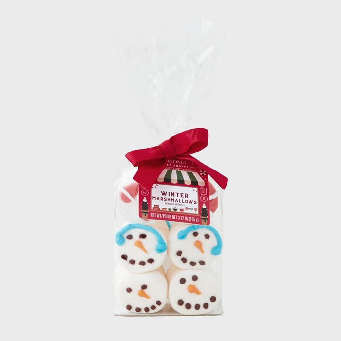 Marshmallows resemble snowmen, packaged in a clear bag with a red ribbon, labeled 