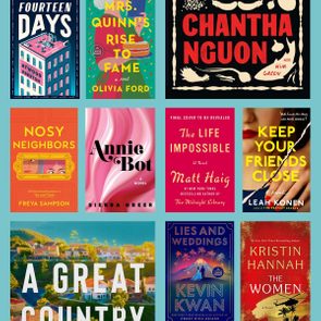 Book covers are displayed with vibrant titles and authors' names, arranged in a grid on a light blue background.